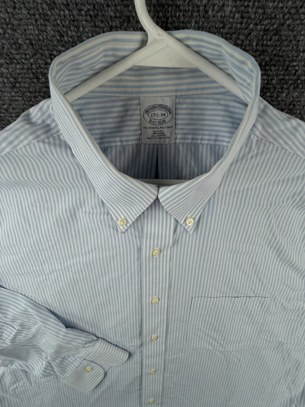 Brooks Brothers Non Iron 17.5 34 Slim Long Sleeve Button Up Shirt Striped Blue